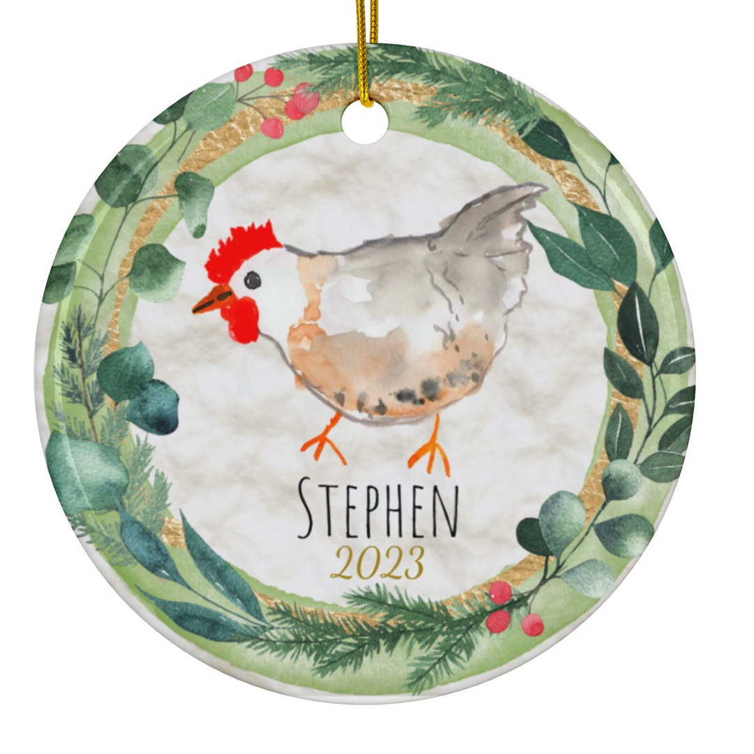 a christmas ornament with a chicken on it