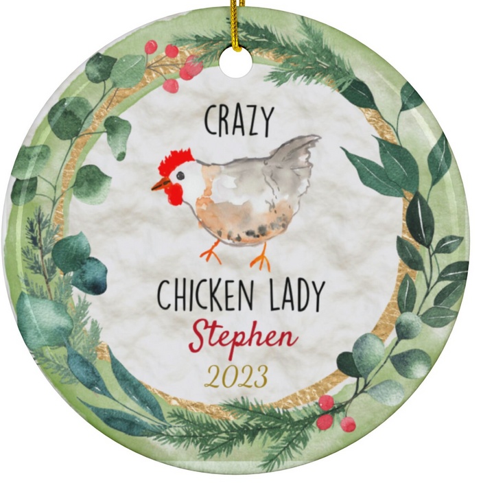 a christmas ornament with a chicken on it