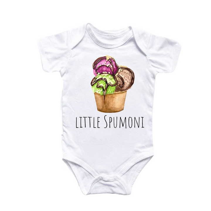 a white bodysuit with a picture of a cupcake and lettuce