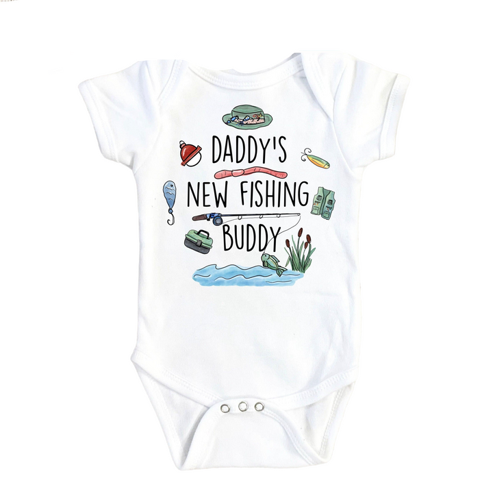 a baby bodysuit that says daddy's new fishing buddy