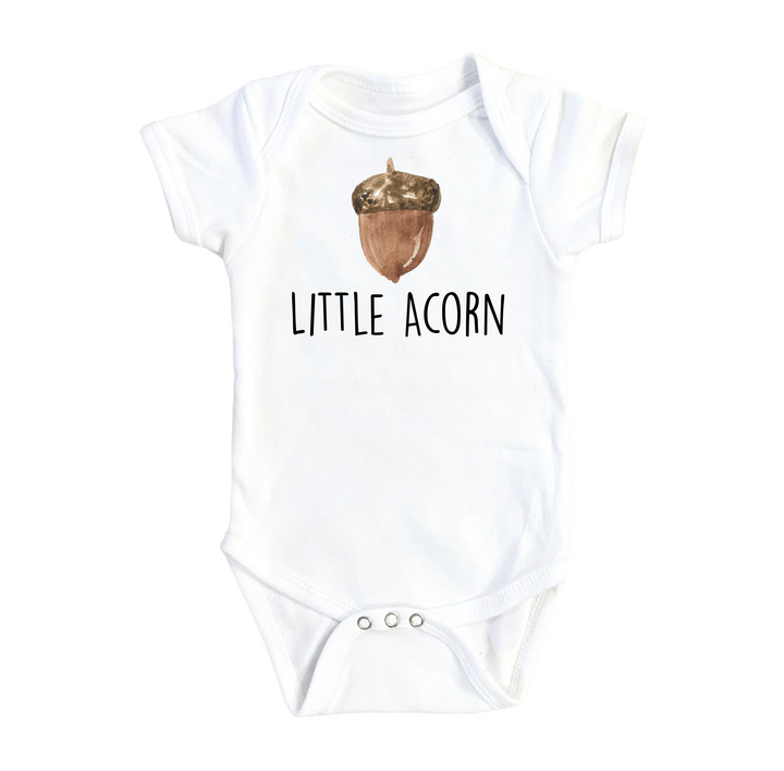 a white bodysuit with the words little acorn on it