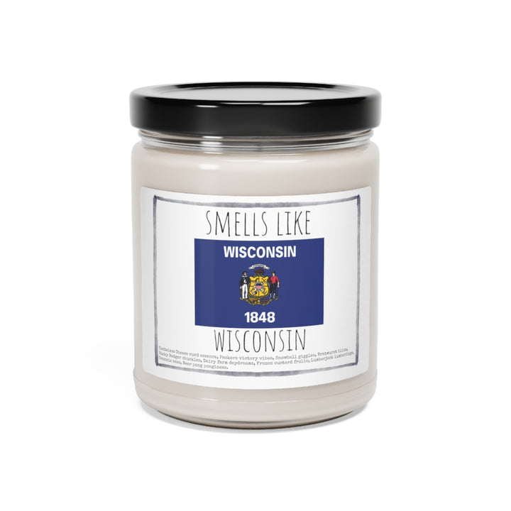 a jar of wisconsin state flag candles on a white background