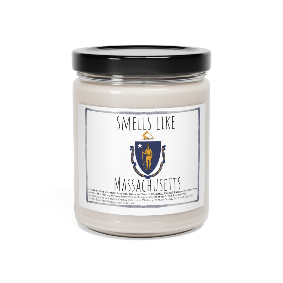 a jar of smells like masachusets on a white background