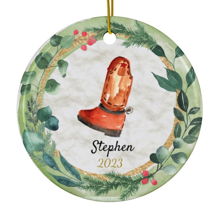 a christmas ornament with a picture of a boot