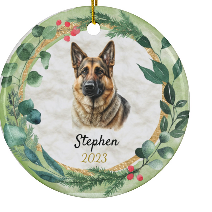 a ceramic ornament with a german shepherd's face