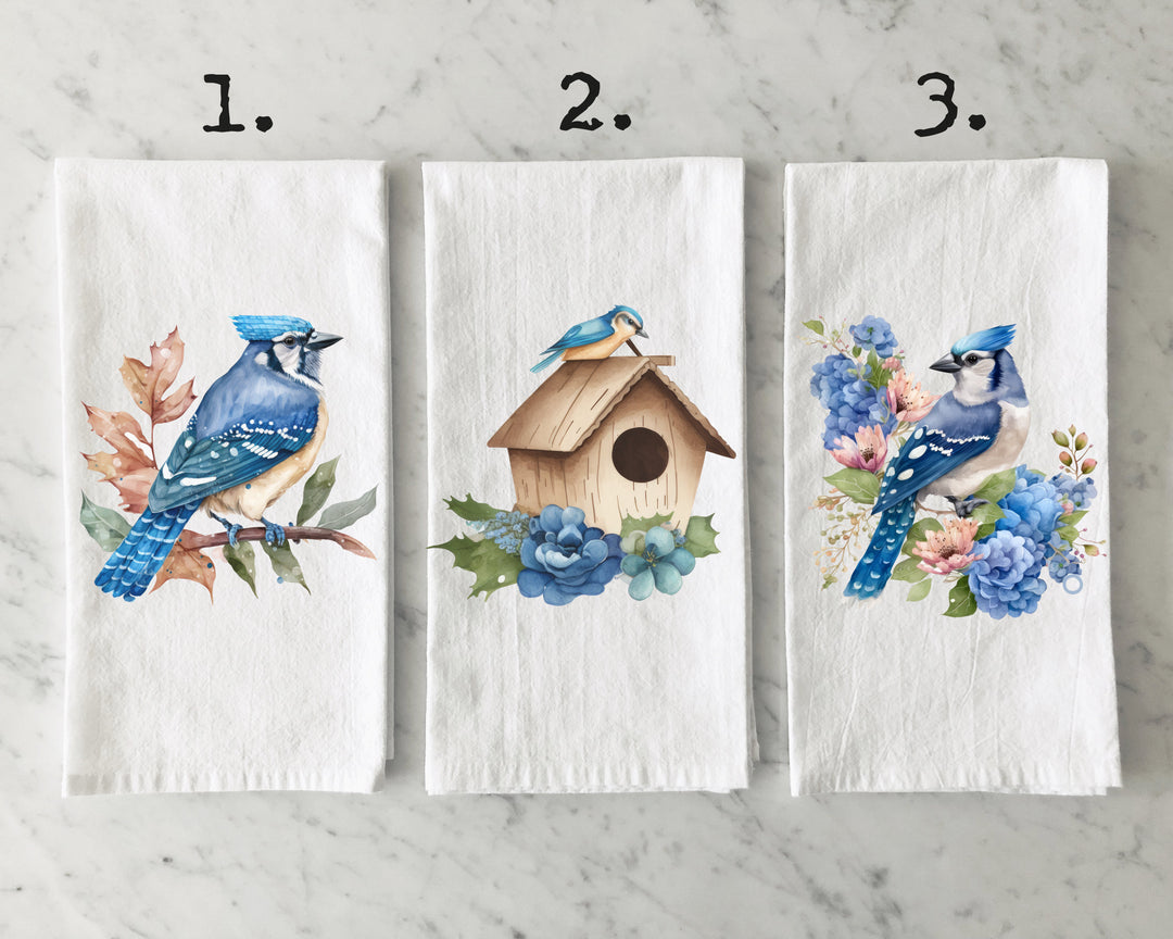 blue jay towel, bird tea towel, bird lover gift, mothers day gift, house warming gift, tea towels, christmas birds, christmas tea towel